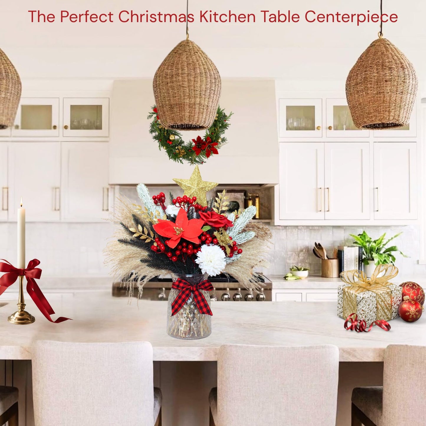 RyddeligHome Christmas Centerpieces for Tables in July, Holiday Table Decor, 100pcs Christmas Floral Arrangements in Vase, Pottery Xmas Decorations, Artificial Poinsettia Red Berry Pine Branches
