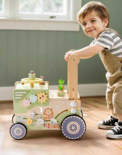 ROBOTIME Wooden Baby Walker Push Toy for Toddlers, Baby Push Walker with Wheels, Farm-Themed Activity Center for Girls & Boys, Adjustable Speed Walker for Baby Learning to Walk