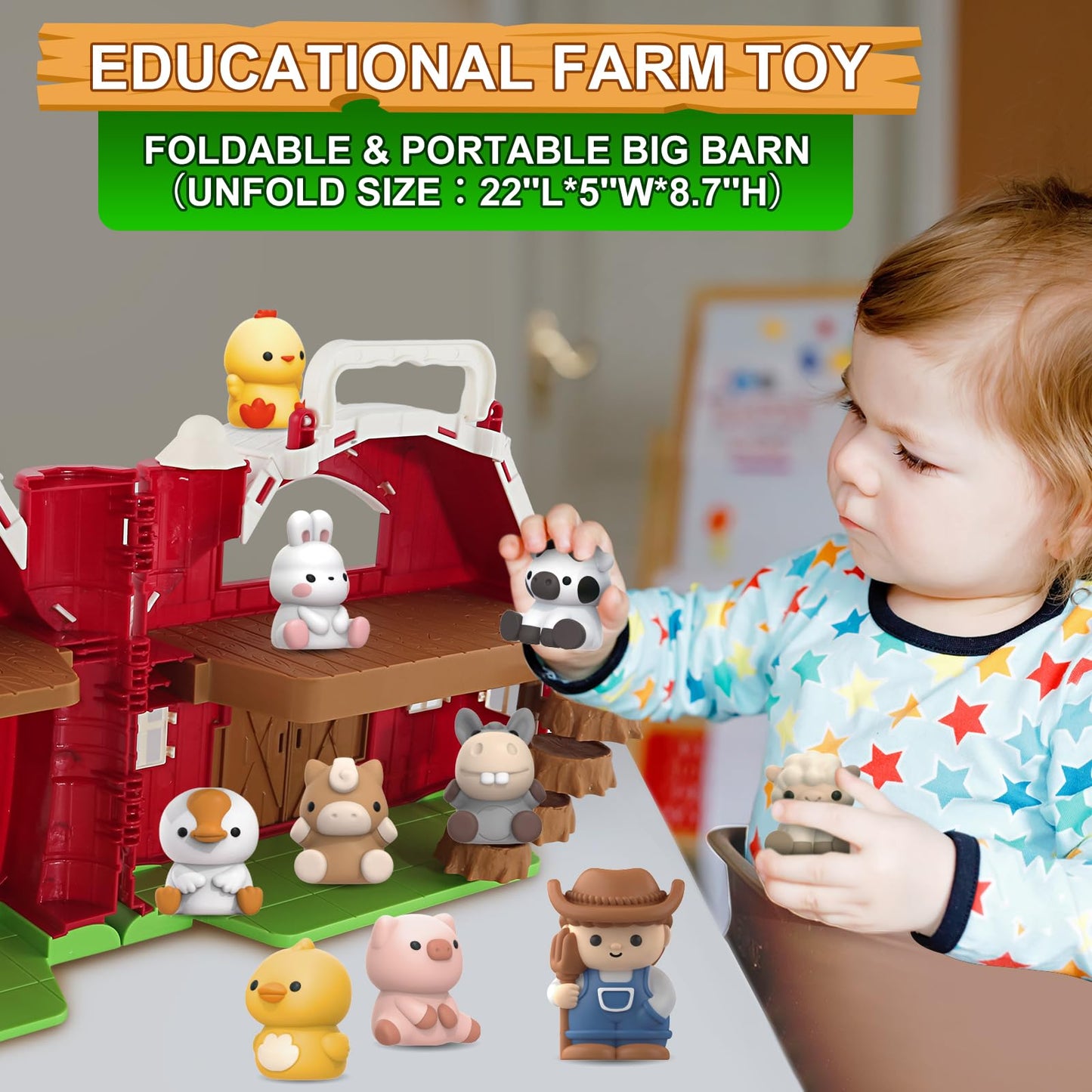 Farm Animals Big Barn Toy for 1 2 3 Year Old, Toddler Educational Montessori Toys, Farm Pretend Playset with Barn & Farmer, Christmas Birthday Easter Gift for Toddler Baby Boys Girls 1-3 Years