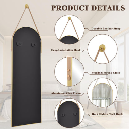 Easly 16''x48'' Arched Full Length Mirror, Hanging Mirror for Wall with Leather Strap, High-Definition Aluminum Alloy Frame for Bathroom Bedroom Entryway Decor, Gold