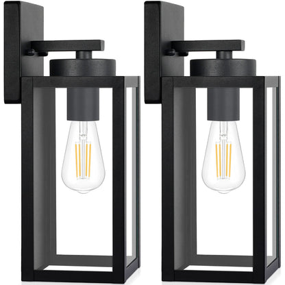 Outdoor Wall Light Fixtures, Exterior Waterproof Wall Lanterns, Porch Sconces Lighting with E26 Sockets & Glass Shades, Modern Matte Black Outside Lights for Patio Front Door Entryway Garage, 2-Pack