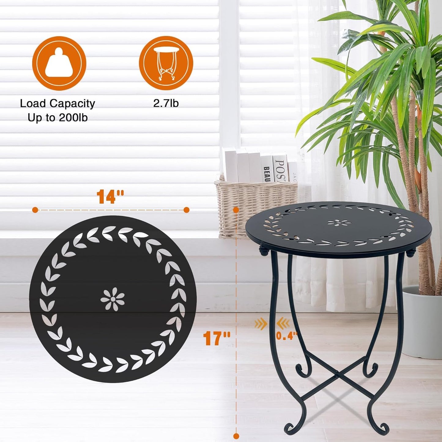 Aonagi Metal Round Side Table, 2 Pack 14 Inch Bedside Table for Living Room, Weather Resistant Black Metal Outdoor Side Table for Patio Balcony Yard Porch Garden, Plant Stand for Indoor Outdoor Use