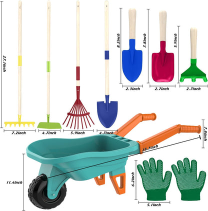 Qtioucp Kids Gardening Set with Wheelbarrow, Real Metal Garden Tools for Kids Ages 3-8, 4 Long Handle Tools, 3 Hand Tool, Gloves, 5 Stickers, Handbook, Outdoor Backyard Toys for Toddler Gift