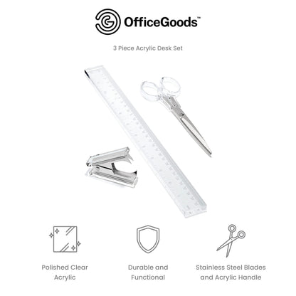 OfficeGoods 3 Piece Acrylic Desk Set - Includes Ruler, Staple Remover, Scissors - Functional & Elegant Desk Accessories - Stationary Tools for Home, Office, and School - Silver