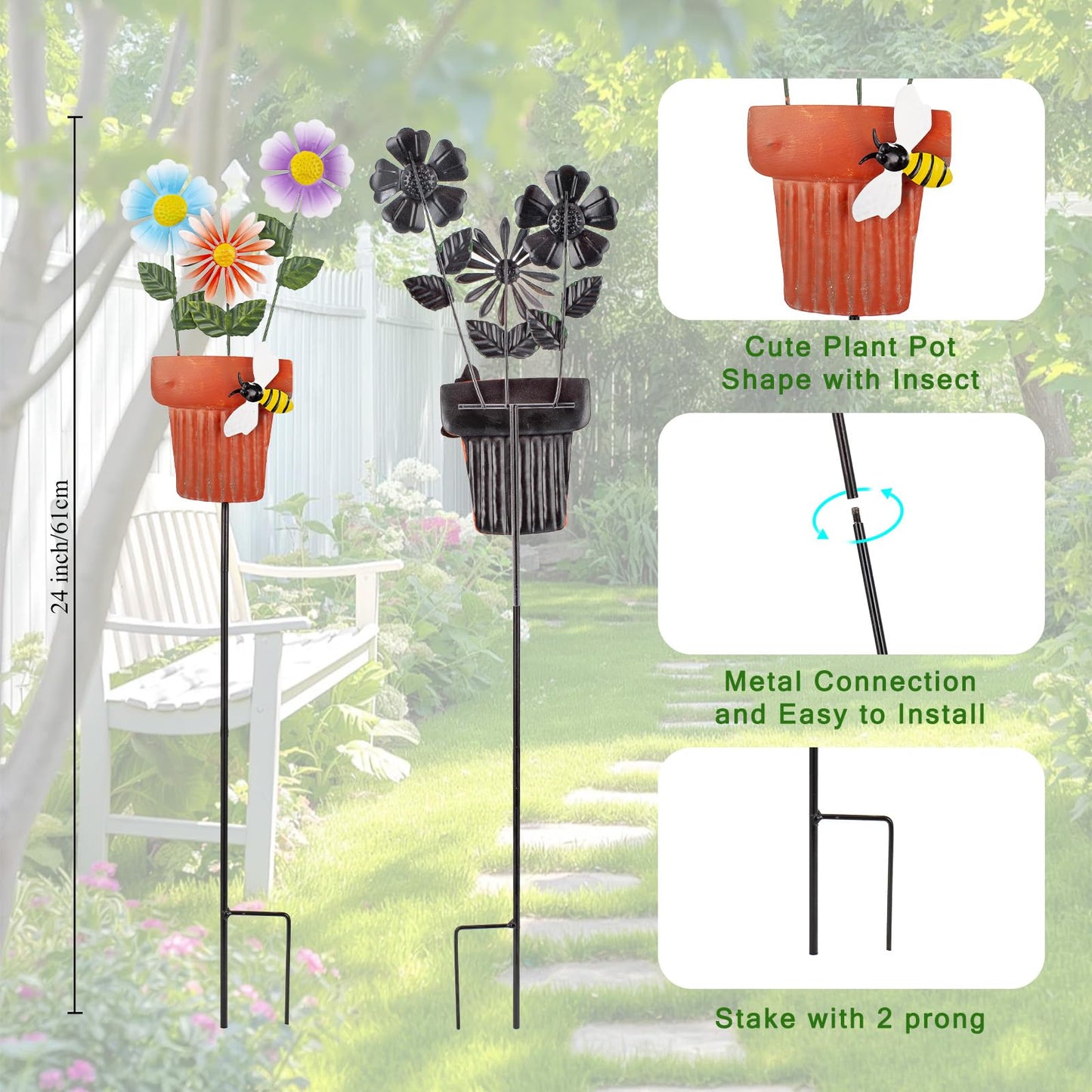 Qipade 3 Pcs Metal Flower Garden Stakes, 24" H Flower Pot Shape Decorative Garden Stakes, Metal Yard Art for Outdoor Spring Lawn Patio Pathway Decor