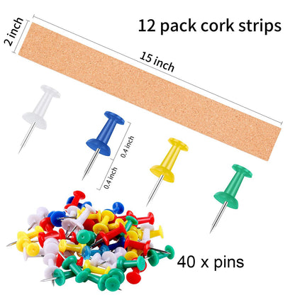 Cooraby 12 Pack Cork Strips 15 x 2 Inch Frameless Self-Adhesive Cork Board with 40 Pieces Cork Board Pins for Classroom Office