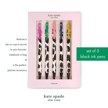 kate spade new york Black Ink Pen Set of 5, Cute Leopard Click Pens, Plastic Retractable Pens for Writing and Journaling, Forest Feline