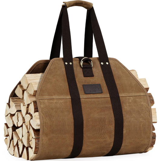 INNO STAGE Canvas Wood Carriers Fire Wood Log Tote Bag, Waxed Canvas Hay Hauling for Fireplace, Round Woodpile Carrying for Tubular Stand by Hearth Stove or Outdoor Camping, Rust