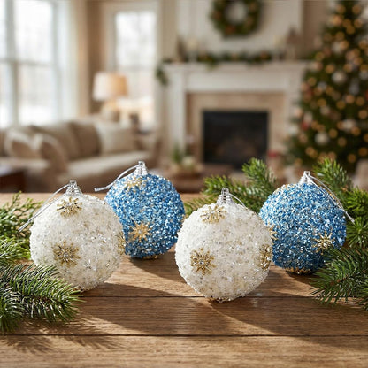 Set of 4 White & Blue Christmas Tree Ornaments, 3.15" Glitter Crushed-Ice Ball Ornaments with Gold Sunburst Accents, Handcrafted Shatterproof Hanging Decorations for Xmas Tree & Holiday Home Decor