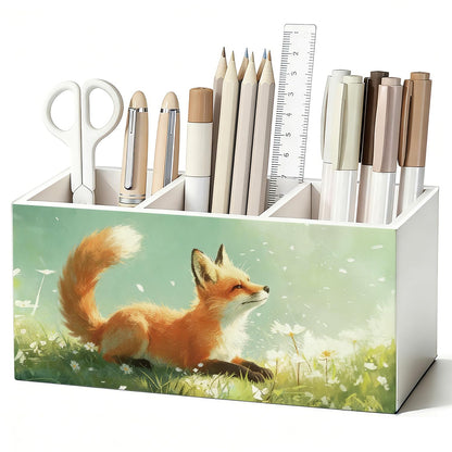 SkyCozy Fox Pen Pencil Holder for Desk, Fox Gifts for Women Men, Animal Lovers Gifts, Rustic Wildflower Wild Animal Wooden Box Sign Decorations for Kids Room Bedroom Home Office Desk Tabletop