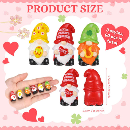 Qunclay 60 Pcs Mini Gnome Figurines, St. Patrick's Day and Easter Spring Decor, Shamrock Egg Heart Theme Resin Tabletop Ornaments for Tiered Tray, Home Table, Party Favors