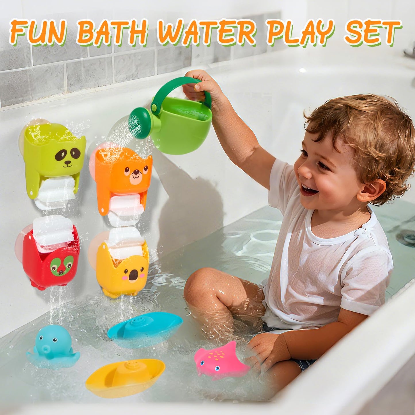 Mold Free Bath Toys, 17PCS | Easy Clean Easy-Grip Baby Bath Toys for Kids Ages 1-3 | Bath Boats Cups Watering Can Tub Toy for Toddlers Age 2-4 | Bathtub Pool Water Toys for 1+ Year Old Boys Girl Gifts