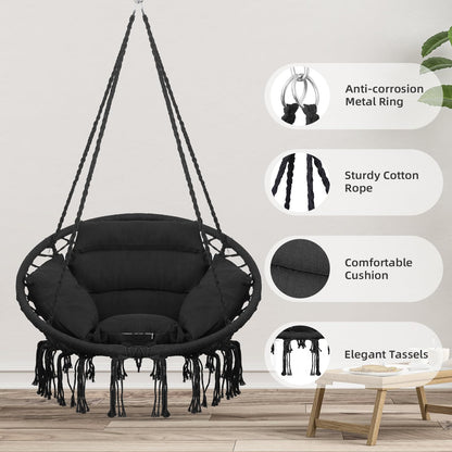 Goutime Hammock Chair with Hanging Hardware Kit and Back Cushions,Macrame Boho Swing Chairs for Indoor,Outdoor,Bedroom,Patio (Black)
