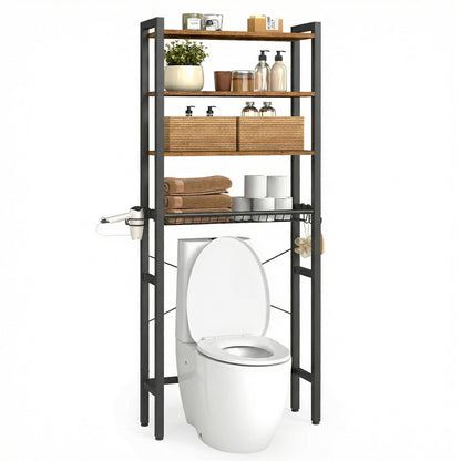 VASAGLE Over the Toilet Storage, Over Toilet Bathroom Organizer with Adjustable Shelves and Basket, 3 Hooks, Space Saving, 9.4 x 23.6 x 68.1 Inches, Rustic Brown UBTS114KD01S
