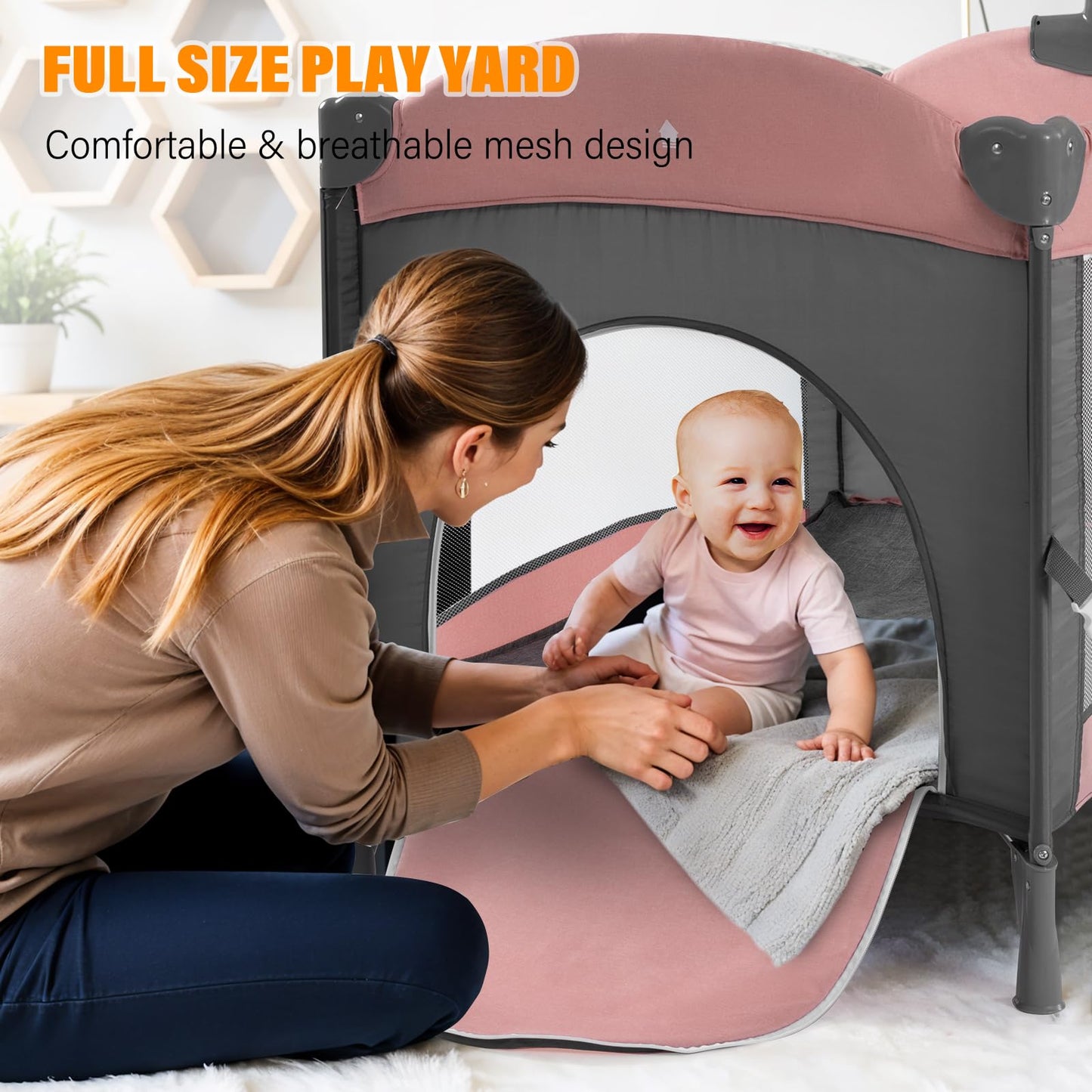 Soobaby 5 in 1 Baby Crib,Baby Bassinet, Bedside Cribs, Pack and Play with Changing Table, Portable Travel bedToys & Music Box,Mattress for Girl Boy Infant Newborn (Pink)