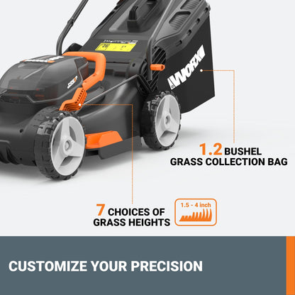 WORX 17" Cordless Lawn Mower, 2 in 1 Electric Mower Cuts Quietly, Compact & Lightweight Push Lawn Mower with 7-Position Height Adjustment for Small Yards, 2 Batteries & Charger Included, WG743