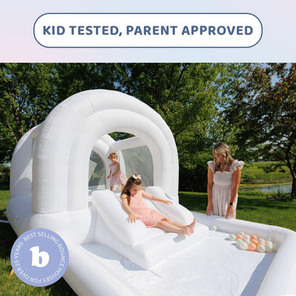 Bounceland Daydreamer Cloud Bounce House w/Ball Pit, Neutral Bouncer with Slide, 11.8 ft L x 6.9 ft W x 5.9 ft H, UL Blower Included, Basketball Hoop, 30 Pastel Plastic Balls, Trendy Bouncer for Kids