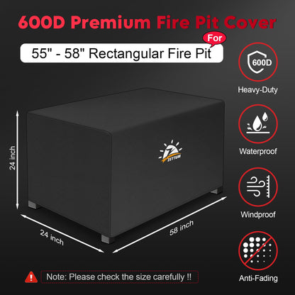 Zettum Fire Pit Cover Rectangular 58 Inch - Outdoor Fire Table Cover Rectangle Heavy Duty & Waterproof, 600D Patio Propane Gas Firepit Cover Rectangular Fade & Weather Resistant - 58 x 24 x 24 Inch