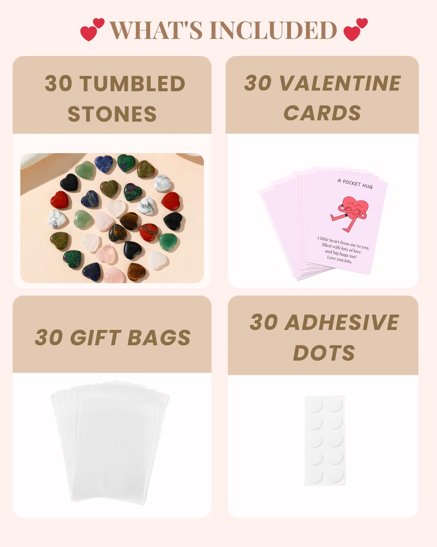 QianCannaor Pocket Hug Bulk Heart Stones - 30 Sets Natural Healing Gemstones with Greeting Cards - Bulk Valentines Day Gifts for Adults, Ladies, College Students, Friends - Thinking of You Anxiety Relief Keepsake