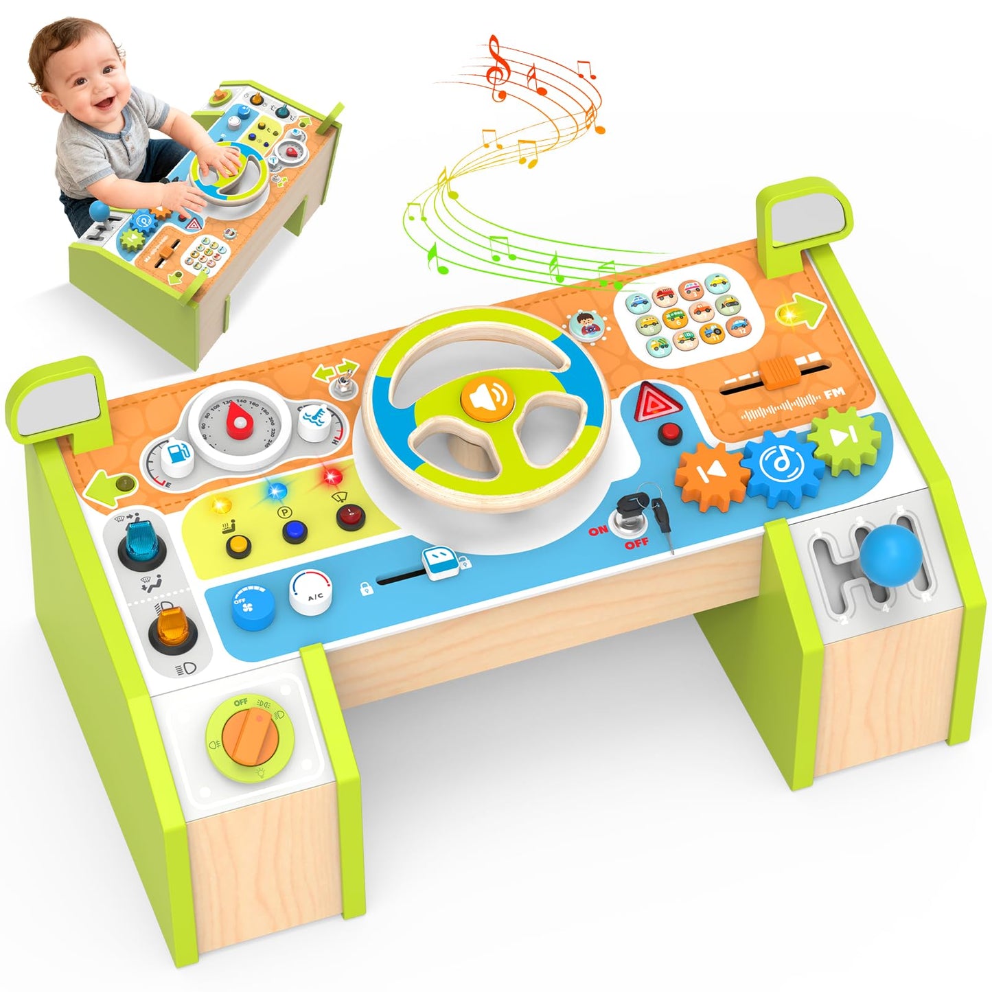 Yuyctwg Montessori Car Busy Board for Toddlers, Wooden Sensory Steering Wheel Activity Baby Toy with Lights, Buttons, Gears & Key Start, Kids Interactive Educational Toys for Boys Girls
