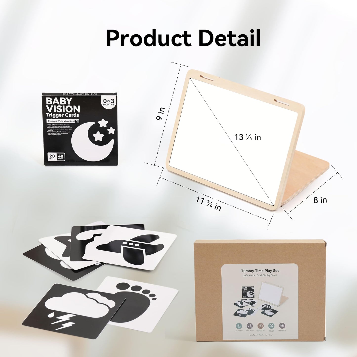 IEATFO Tummy Time Play Set Adjustable Angle, Double-Sided Design, Montessori Tummy Time Toys Large Baby Safe Mirror and Card Display Stand with Black and White High Contrast Baby Cards