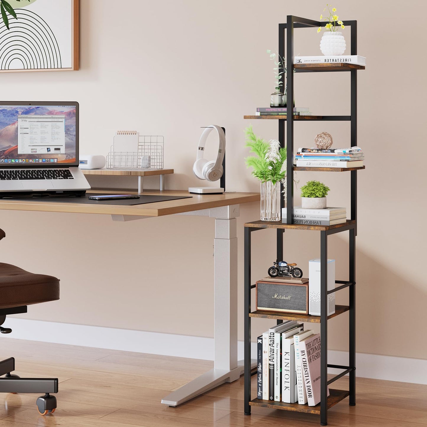 Plant Stand Indoor with Grow Light, 6-Tiered Tall Plant Stand Indoor, Metal Plant Shelf with Bookshelf Bookcase and Adjustable Light, Ideal for Living Room, Reading room, Garden, Patio (Brown)
