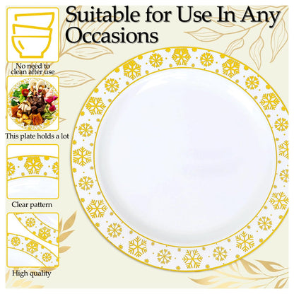 175 Pcs Christmas Plastic Plates Dinnerware Set Disposable Winter Snowflake Plates Include Plate,Gold Cups,Pre Pre Rolled Napkins with Gold Plastic Silverware for Holiday Winter Party (25 Guests)