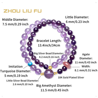 ZHOU LIU FU Sterling Silver Beaded Bracelets Natural Lucky Purple Gemstone Stretch Bracelet Circular Agate Beads Dainty Jewelry for Women Mom Daughter Birthday Anniversary 13.4"/34CM J1922133