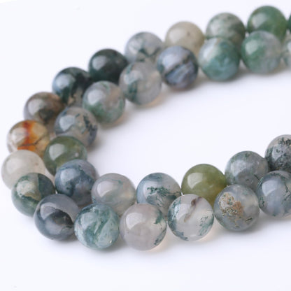 Natural Moss Agate Stone Gemstone Round Crystal Energy Jade Beads for Jewelry Making DIY Bracelet Necklace - 1 Strand 15.5inch 35PCS 10MM