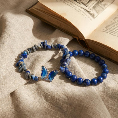 BELLA-Bee Natural Amethyst Healing Stone Bracelet Set for Women, Anxiety Relief Crystal Beaded Layered Bracelet with Butterfly Charm, Calming Spiritual Jewelry Gifts (Blue)