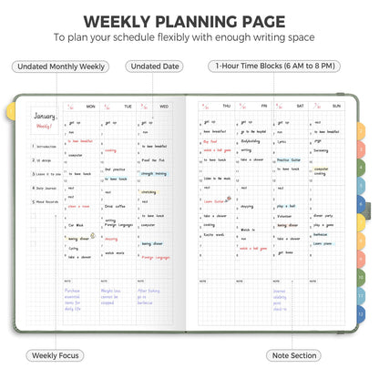 LOAPEM Undated Appointment Book, Hourly, Daily, 52 Weekly & 12 Monthly Planner, 6 AM - 8 PM, Medium Size (5.7" x 8.3"), Leather Hardcover, 12 Self-adhesive Monthly Tabs (Light Green)