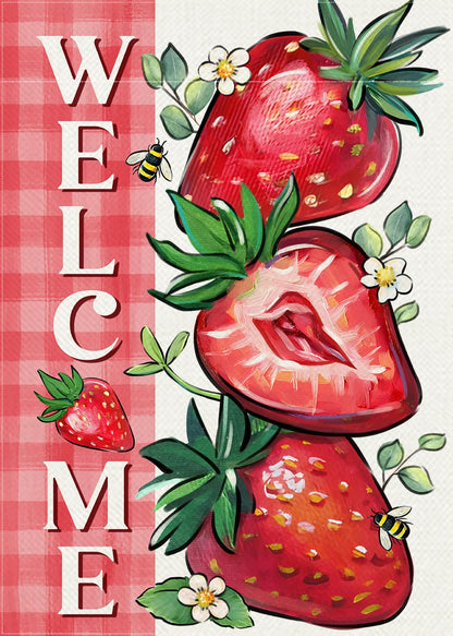 Covido Welcome Spring Summer Strawberry Decorative Garden Flag, Red Fruit Plaid Check Farmhouse Yard Outside Decorations, Seasonal Burlap Outdoor Small Home Decor Double Sided 12 x 18