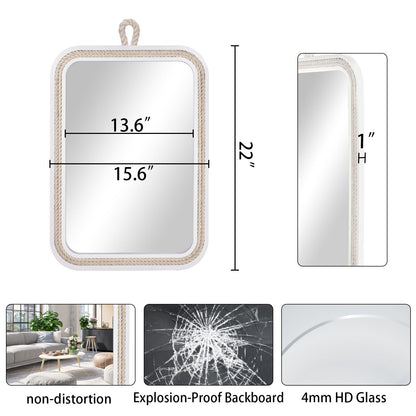 Nautical Rope Mirror Rectangle Wooden 22''Lx16''W White Decorative Mirror Farmhouse Hanging for Bathroom,Livingroom,Entryway-Beachy Coastal Wall Mirror Decor