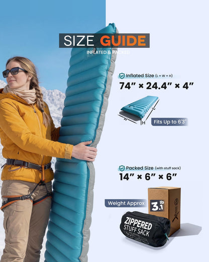 ZOOOBELIVES Inflatable Camping Sleeping Pad, 4-Inch Thick Full Air Support, No Bottoming Out for Side Sleepers, Camping & Backpacking Mattress with Built-in Foot Pump, Durable & Compact – Airlive2000