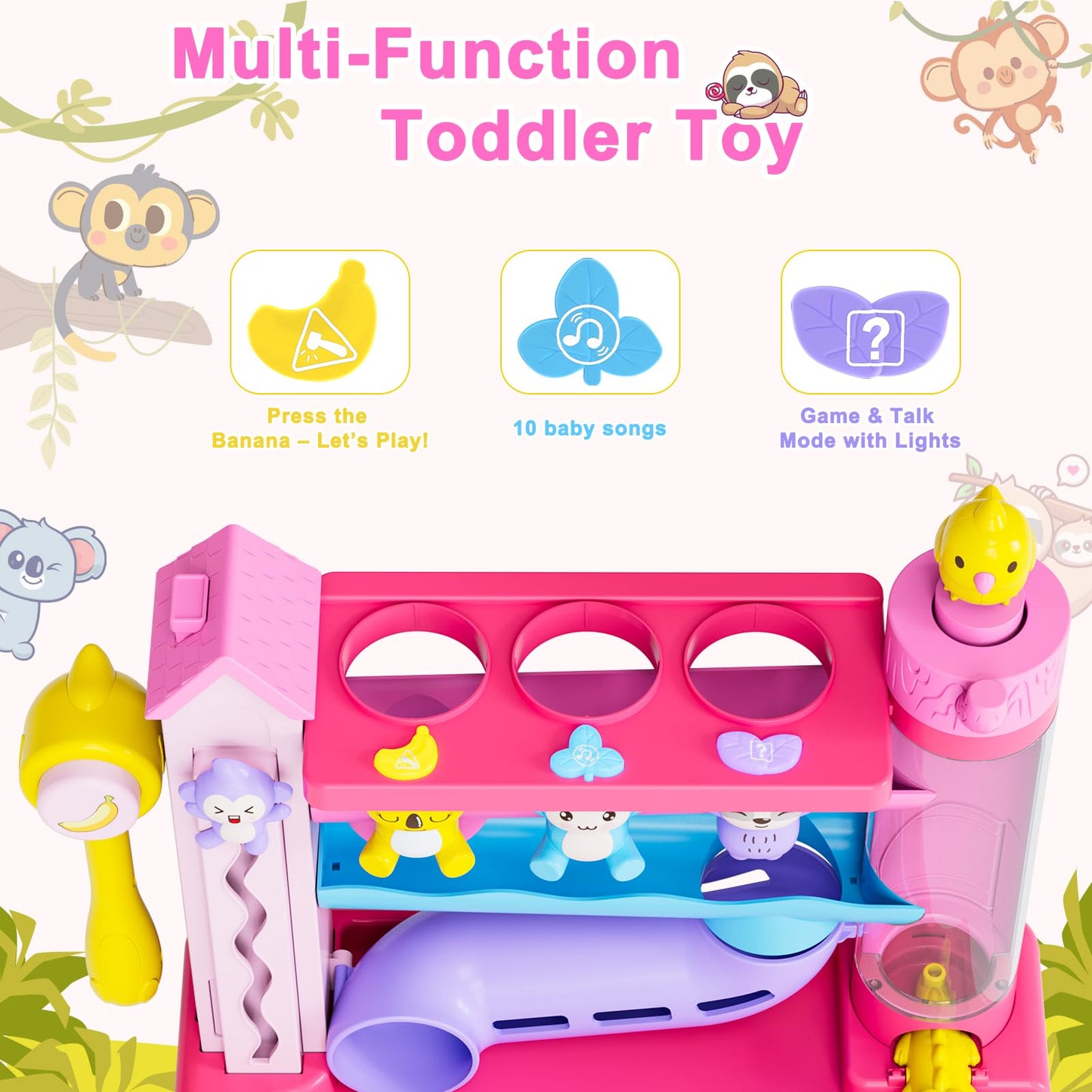 VOILBTOY Musical Toy for 1-2 Year Old Girls,Educational Baby Toys 12-18 Months,Ball Drop Toy with English & Spanish,Fine Motor Toys for Toddlers 1-3,Birthday Gift for 1+ Year Old Girl (Pink)