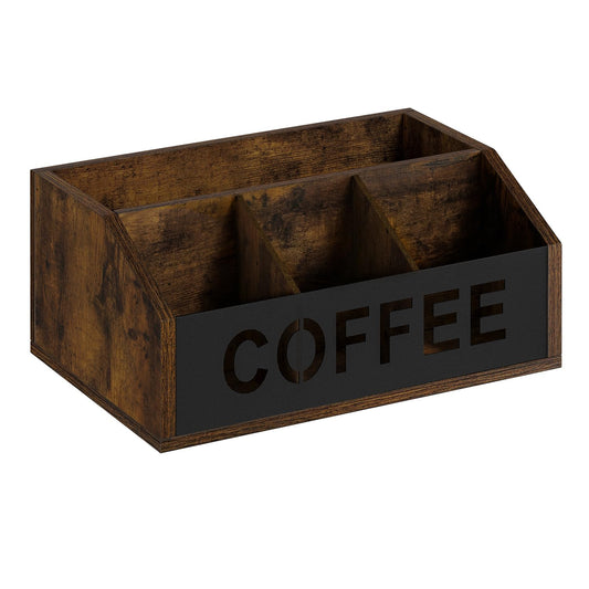 YINMIT Coffee Station Organizer for Countertop, Wood Coffee Bar Organizer with Removable Dividers for Pods, Syrup, Cups, Stirrer, Tea - Office Bar Accessories, Iron Sheet-Vintage Brown