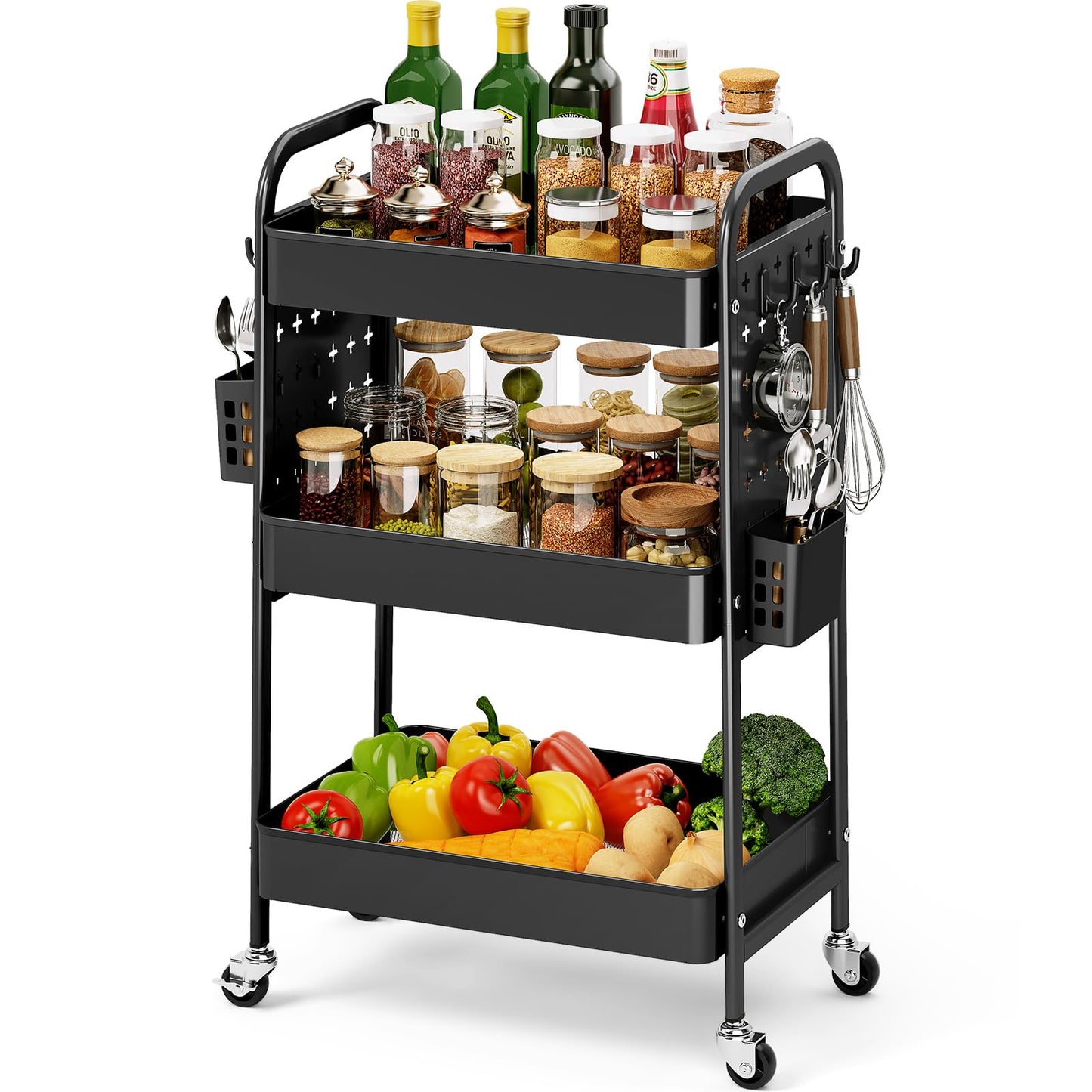KINGRACK 3 Tier Rolling Cart with DIY Pegboard, Metal Utility Cart with Wheels, Hooks & Baskets, Sturdy Storage Organizer for Craft, Bathroom, Kitchen, Office, Nursery, Classroom
