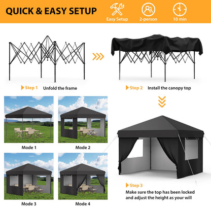 10X10 Pop Up Canopy Tent with 4 Sidewalls, Heavy Duty Commercial Instant Shelter, One-Person Quick Setup Outdoor Party Tent, Water-Resistant & Portable for Outdoor Events, Camping, Black