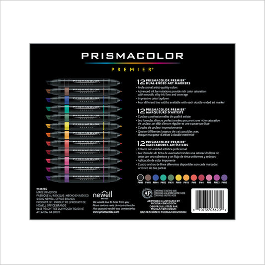Prismacolor Premier Dual-Ended Art Markers, Chisel and Fine Tips, Primary Colors, 12 Count - Art Supplies, Alcohol-Based Ink, Coloring, Creative, Artist, Adult Coloring
