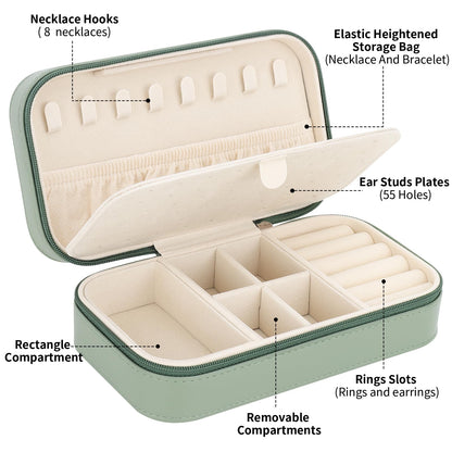 DesignSter Travel Jewelry Box, PU Leather Portable Jewelry Case, Small Jewelry Boxes for Gifts, Travel Jewelry Organizer for Women Rings Earrings Necklaces Bracelets (Avocado Green)