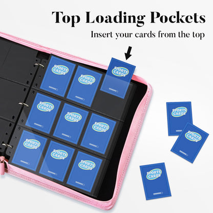 Fabmaker 9 Pocket Card Binder, Premium Trading Card Binder Holds 756 Cards, PU Cover 3 Ring Zipper Card Binder, Portable Baseball Card Binder, Collection Album for Game & Sport Cards, Pink