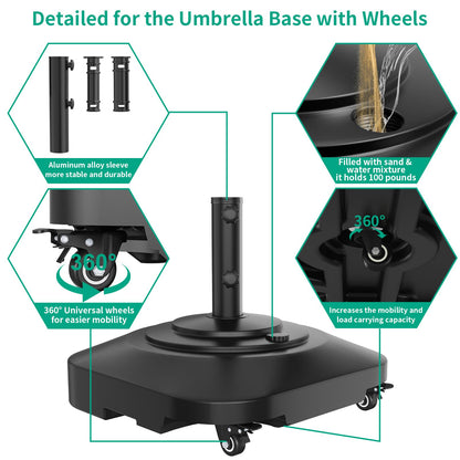 Umbrella Base with Wheels, Umbrella Stand Base Heavy Duty 100lb Windproof, Fillable Umbrella Base Mobile Square Umbrella Stand Outdoor Base for Patio, Deck, Poolside, Lawn, Fits Most Sized Umbrellas