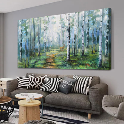 Enartly Birch Tree Wall Art for Living Room, Large Wall Decor Canvas Painting Green Forest Nature Picture Scenery Artwork Textured Framed for Bedroom Hallway Home Office Decoration 48"x24"