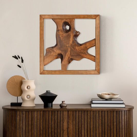 JOLLYMER Teak Wood Wall Decor, Rustic Wooden Wall Art, Handcrafted Home Decoration for Living Room Bedroom Office, 17"x17" Natural Frame