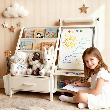 Faesun 4-in-1 Art Easel for Toddlers with Bookshelf and Toy Organizer, Kids Drawing Easel with Paper Roll & Magnetic Whiteboard, Birthday Gift for Ages 2–8, Boys & Girls