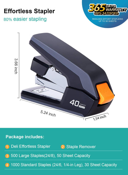 Leven Effortless Desktop Stapler, 40 Sheet Capacity, One Finger Touch Stapling, Easy to Load Ergonomic Heavy Duty Stapler, Includes 1500 Staples and Staple Remover