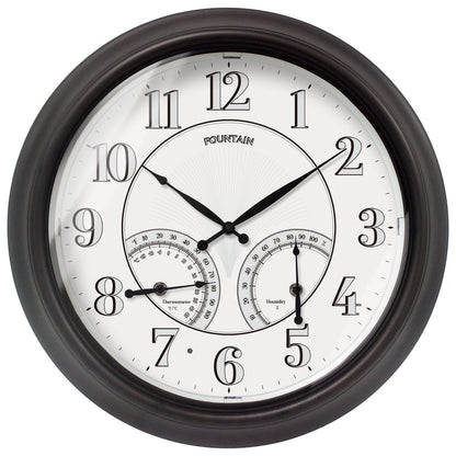 FOUNTAIN DESIGNS 18 Inch Illuminated in/Outdoor Clock with Smart Sensor and Night Light, Waterproof, Large Wall Clock with Thermometer & Hygrometer for Patio,Pool and Garden Decor,Oil Rubbed Bronze