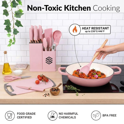 19 PCS Pink Silicone Cooking Utensils Set with Wooden Handle & Knife Set Block, Heat-Resistant Spatula, Spoon, Ladle, Whisk with Holder – BPA Free, Silicone Kitchen Utensil Set for Cooking & Baking