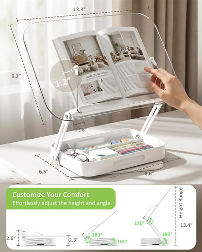 Lifcozy Book Stand for Reading, Acrylic Adjustable Book Holder with Book Page Holder, 360°Cookbook Stand with Storage for Kitchen Counter, Hands Free Recipe Book Holder for Textbook Cookbook, Clear