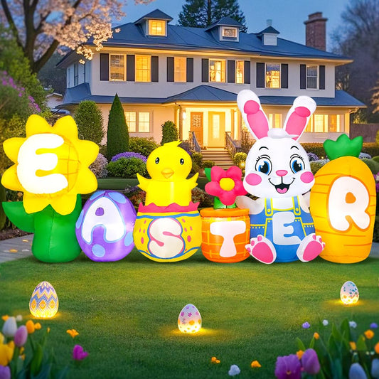 KOOY 8FT Long Easter Inflatables Bunny Outdoor Decorations with Egg Chick Carrot and Sunflower, Built-in LED Lights Easter Blow Up Yard Decorations for Lawn Garden Holiday Party